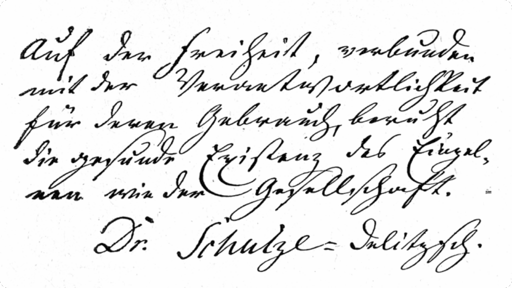 Historisches Schriftstück „Auf der Freiheit, verbunden mit der Verantwortlichkeit für deren Gebrauch, beruht die gesunde Existenz des Einzelnen wie der Gesellschaft“, gezeichnet von Dr. Schulze-Delitzsch